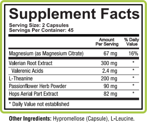 Aceva Relax & Calm Supplement Fact Panel