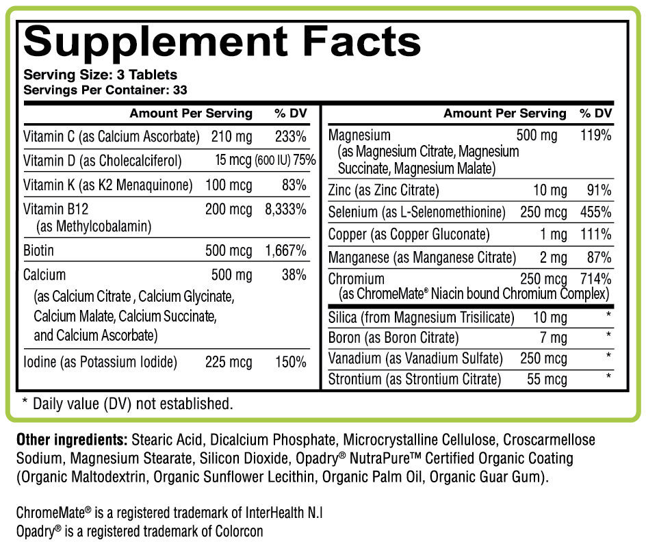 Aceva Bone Matrix Supplement Fact Panel